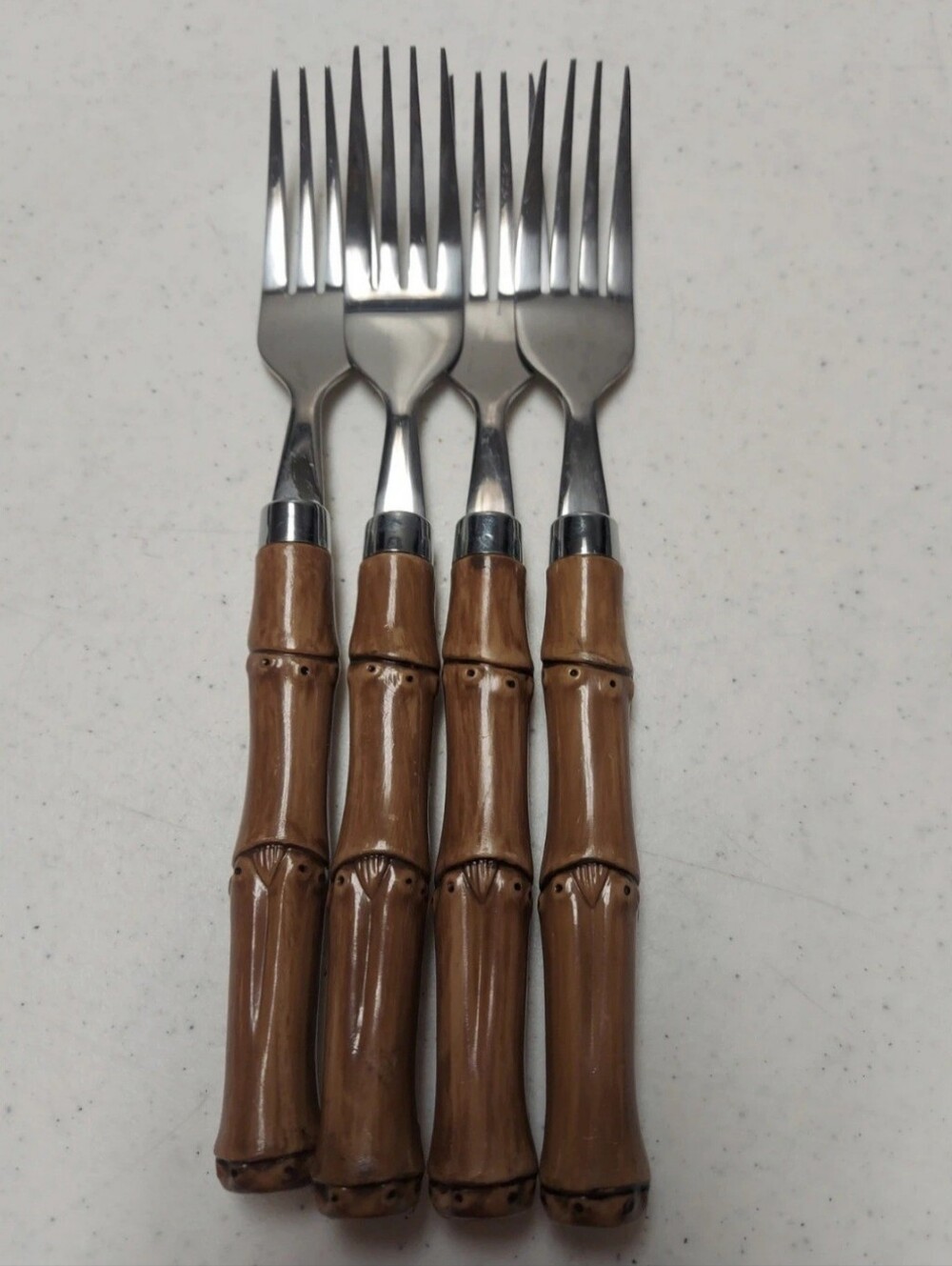 Bamboo-Style Handle Dinner Forks (4) Spoons (2) And Knives (4) Stainless Steel